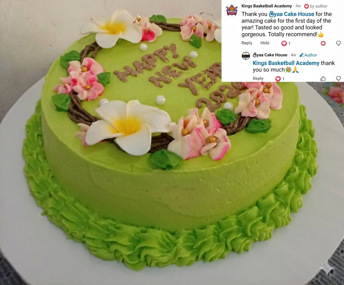 Green New Year cake with flowers and Facebook review