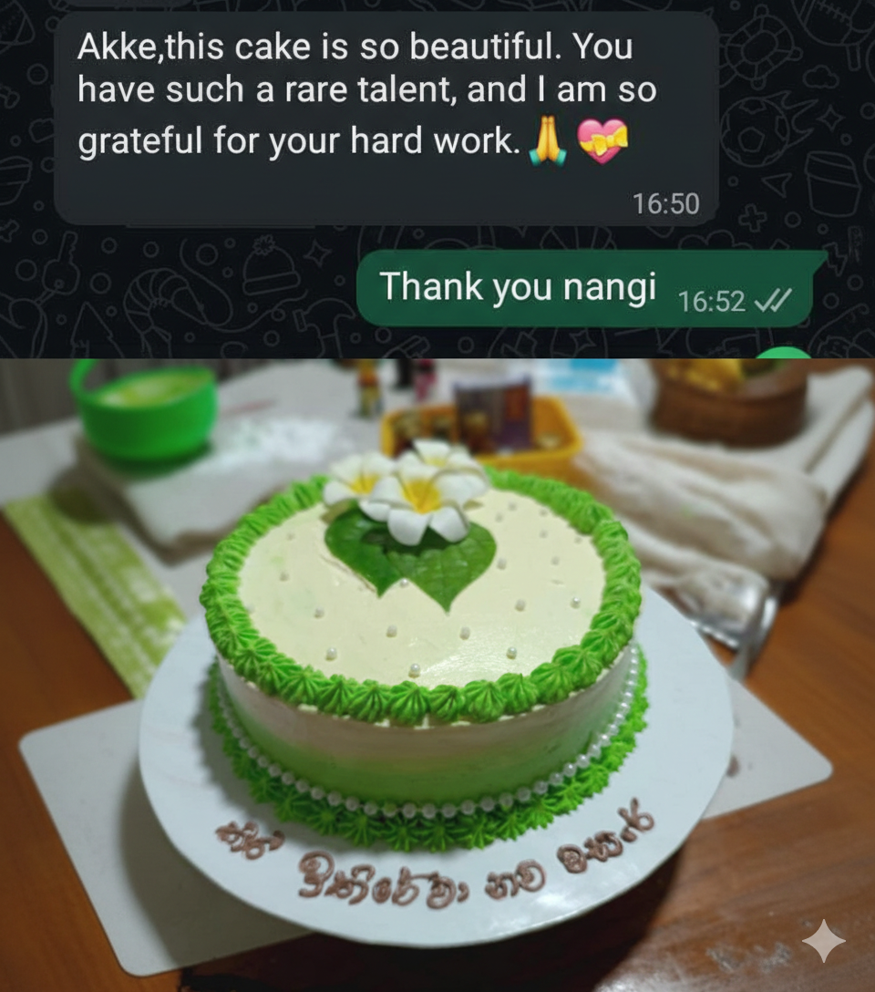 Green Sinhala New Year cake with frangipani flowers and WhatsApp review