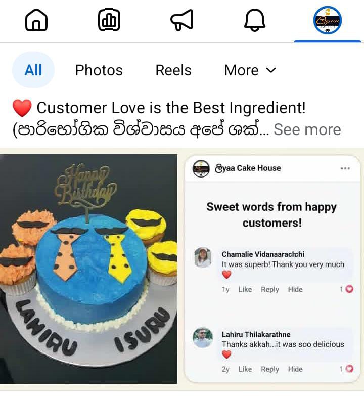 Blue suit themed birthday cake with cupcakes and Facebook reviews